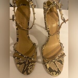 Schutz High Heel Strappy Studded Open Toe Shoes Size 9B Animal Print